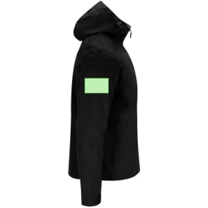 A black rain jacket featuring a hood and a patch on the left sleeve.