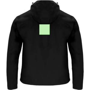 A black rain jacket featuring a green square at the back and a hood. It has a logo on one side.
