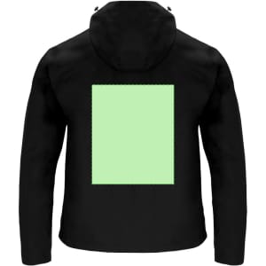 A black rain jacket with a hood, featuring a green square on the back and a logo.