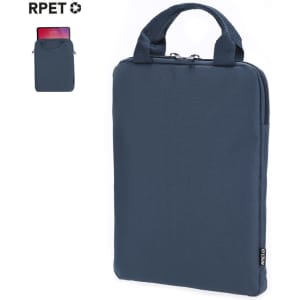 A tablet pouch in navy blue with a zip closure and handles, featuring a logo. Suitable for tablet protection.