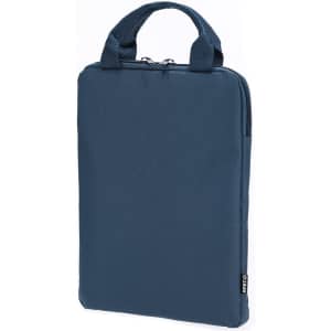 A navy tablet pouch with a zip closure and dual handles for carrying. It includes a logo along the side.