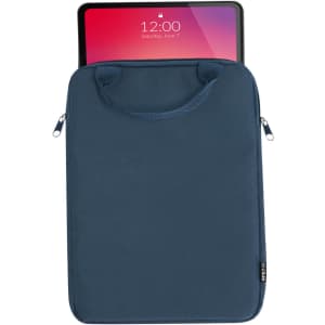 A navy tablet pouch displaying a tablet partially inserted, featuring a handle and a logo.