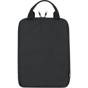 A black tablet pouch with a zip closure and two handles for easy carrying. It features a discreet logo.