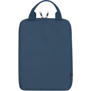 A tablet pouch in dark blue with a zip closure and dual handles, featuring a small logo on the side.