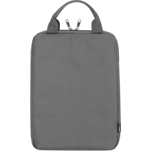 A grey tablet pouch with a zip closure and two handles, featuring a branding logo.