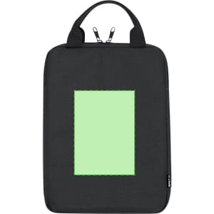 A black tablet pouch with a green rectangle on the front and dual zippers at the top, featuring a handle.