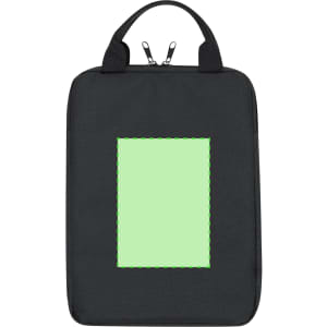 A black tablet pouch with a green rectangular panel, featuring a logo on the front and dual zip closure at the top.