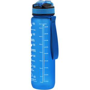 A drink bottle in blue with measurement markings and a lid, featuring a carry handle and a logo.