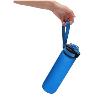 A drink bottle in a solid blue colour, featuring a black lid and a carrying strap. It has a logo on the side.