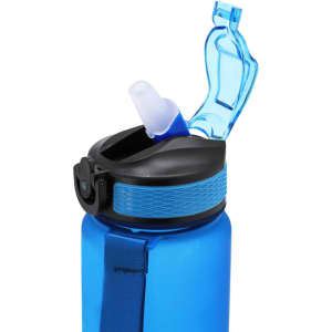 A drink bottle in blue with a flip-top lid and a drinking spout, featuring a black base with a textured grip and a logo.
