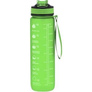 A drink bottle in bright green with measurement markings and a black lid, featuring a carrying strap and branding.