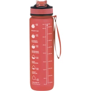 A drink bottle in vibrant pink with a black lid, featuring measurement markings and a carrying strap.