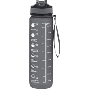 A drink bottle in grey with a measurement scale and a looped carrying strap, featuring a flip-top lid and a logo.