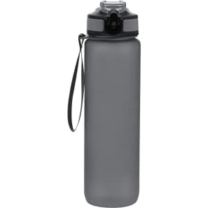 A drink bottle in matte grey with a black cap and a carry strap. It features a logo on the side.