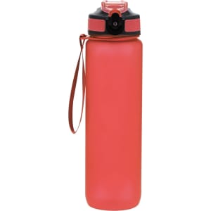 A drink bottle in a vibrant coral shade featuring a black cap and a carrying strap. It has a logo on its side.