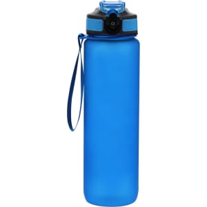 A drink bottle in vibrant blue, featuring a black lid with a strap and a textured grip. It has a logo on the side.
