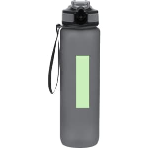 A drink bottle in grey with a light green rectangular section and a black lid, featuring a carrying strap.