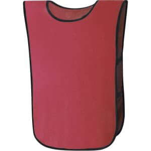 A red sports bib with black edging, featuring a logo and an open back design for easy wear.