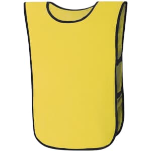 A yellow sports bib with black trim and open sides, featuring a logo on the front.