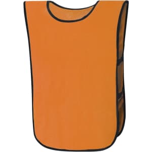 An orange sports bib with black trim and open sides, featuring a logo on one side.