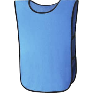 A blue sports vest with black trim, designed for use as a bib. Features a branding logo.