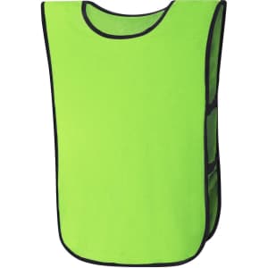 A bright green sports bib with black trim, featuring open sides for easy wear and a branding logo.