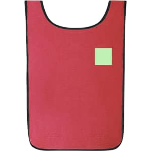 A red sports bib with a black trim and a small green square patch. Features a branding logo.