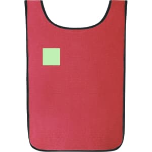 A red sports bib featuring black trim and a blank green square for branding or personalisation.