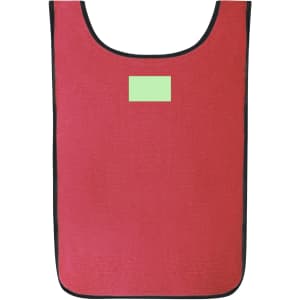 A red sports vest with black trim and a green blank patch, featuring a logo at the centre.