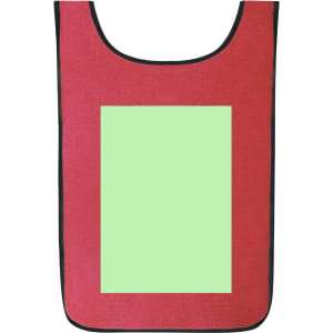 A red sports bib with a black trim and a green blank area for customisation. It features a logo.