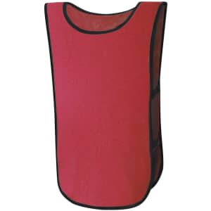 A red sports bib with black trim, designed for kids' activities and uniforms. It features a logo.