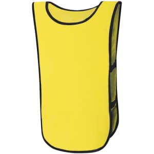 A bright yellow sports vest with black trim, designed for kids and featuring a logo.