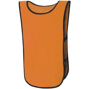 An orange sports vest with black trim, designed for kids, featuring side openings. It includes a logo.