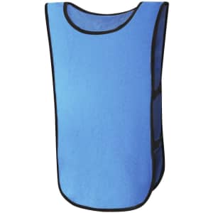 A blue sports vest with black trim and side openings, designed as a uniform bib for kids.
