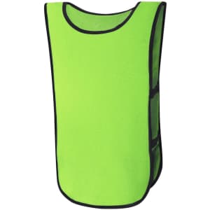 A bright green sports vest with black trim and side openings, suitable for kids' sports activities.