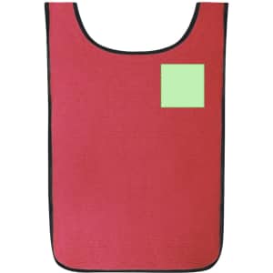 A red sports vest with a black trim and a green patch, featuring a logo branding.