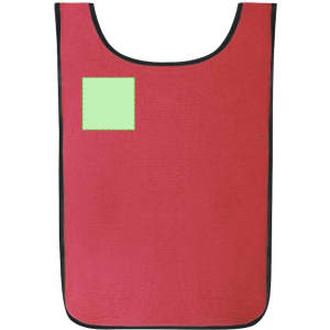 A red sports vest featuring a black trim and a light green square. It includes a logo or branding element.