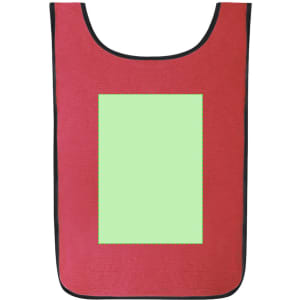 A red sports vest with a black trim and a blank green area in the centre, featuring a logo.