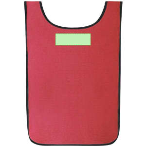 A red sports vest with black edging and a logo space at the front. Suitable for team activities.