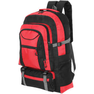 A black and red Platony Backpack featuring multiple compartments and adjustable straps. It includes a logo on the front.