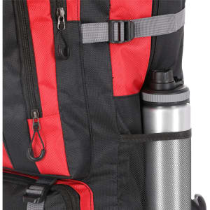 A black and red Platony Backpack featuring a drink bottle in the side pocket, with a logo present on the backpack.