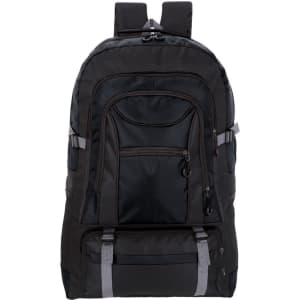 A black backpack with multiple compartments and grey accents, featuring adjustable straps and a logo.