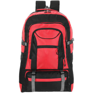 A red and black backpack with multiple compartments and adjustable straps, featuring a logo on the front.