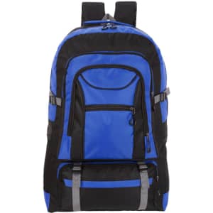 A blue and black backpack featuring multiple compartments and a logo. It has adjustable straps for comfort.