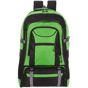 A green and black backpack with multiple compartments and adjustable straps. It features a logo on the front.