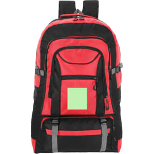 A red and black backpack with multiple compartments and a logo. Features adjustable straps for comfort.