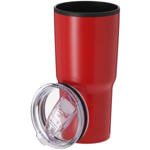 A red insulated travel mug with a black interior and a transparent lid. It features a branding logo.