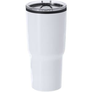 A travel mug in white with a stainless steel lid and a logo on the side.