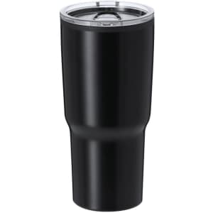 A black insulated travel mug with a silver lid, featuring a logo. Suitable for hot and cold beverages.