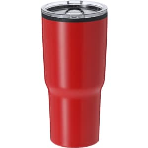 A red insulated cup with a stainless steel lid and a sleek design, suitable for travel mugs.
